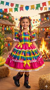 Vestido Junino Infantil Luxo Quadrilha Caipira Pink