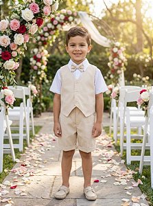 Conjunto Social Infantil Bege Colete Palha Pajem Menino