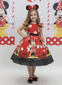 Vestido Minnie Vermelho Florido Cinto de Pérolas