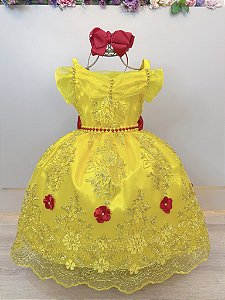 Vestido Infantil Amarelo Princesa Bela Realeza Luxo