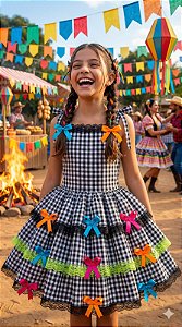 Vestido Infantil Luxo Arraia do Xadrez Preto