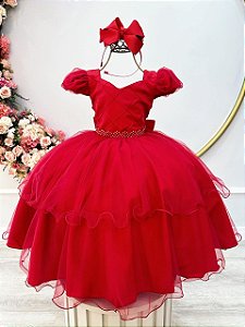 Vestido Infantil Vermelho Busto Nervura Daminhas Festas Luxo