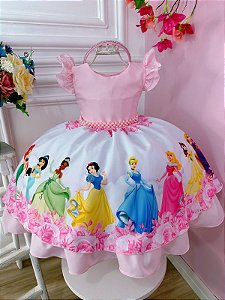 Vestido Infantil Princesas Disney Rosa Aniversário Festa Tiara