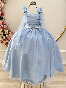 Vestido Infantil Longo Azul Aplique de Borboletas Festas