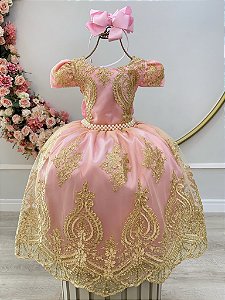Vestido Infantil Rosa Com Renda Realeza Dourada e Pérolas