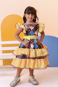 Fantasia Infantil Luxo Junino Arraiá Amarelo Xadrez Colorido