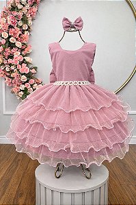 Vestido Infantil Rose Saia Babados e Glitter Daminha