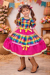 Vestido Infantil Junino Caipira Arraiá Pink Xadrez Colorido Laços