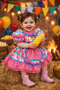 Vestido Junino Bebê Arraiá Festa Rosa Colorido Florzinhas