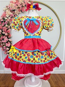 Vestido Infantil Junino Festa Arraiá Amarelo Florzinhas Coloridas