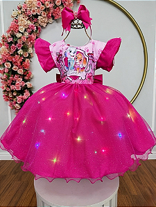 Vestido Infantil Patrulha Canina Skye Pink Saia com Leds Festas