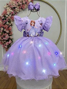 Vestido Infantil Lilás da Princesa Sofia Saia com Glitter e Led Festas