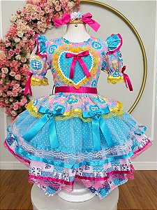 Vestido Infantil Junino Arraiá Azul Estampa Colorida