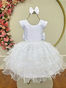 Vestido Infantil Branco Saia Babados e Glitter Daminha