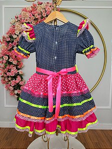Vestido Infantil Junino Azul Marinho Colorido com Babados Luxo