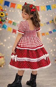 Vestido Infantil Junino Caipira Arraiá Vermelho Xadrez Laços