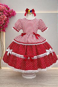 Vestido Infantil Junino Caipira Arraiá Vermelho Xadrez Laços