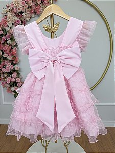 Vestido Infantil Rosa Claro Saia Babados e Glitter Daminhas