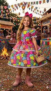 Vestido Infantil Junino Colorido Pink Quadrilha Festa Junina