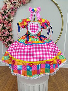 Vestido Infantil Junino Arraiá Caipira Xadrez Colorido Luxo