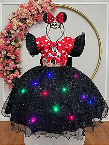 Vestido Infantil Preto da Minnie Saia com Glitter e Led Festas