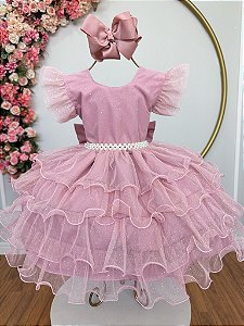 Vestido Infantil Rose Saia com Babados e Glitter Daminhas