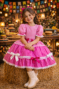 Vestido Infantil Junino Caipira Pink Xadrez Laços