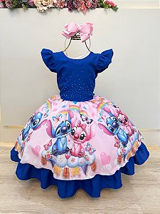 Vestido Infantil Azul Royal Lilo Stitch e Angel Festas Luxo