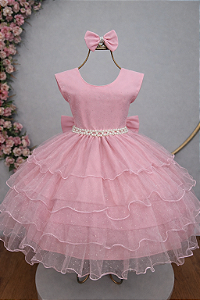 Vestido Infantil Nude Saia Babados e Glitter Daminha