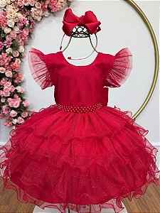 Vestido Infantil Vermelho Saia com Babados e Glitter Festas
