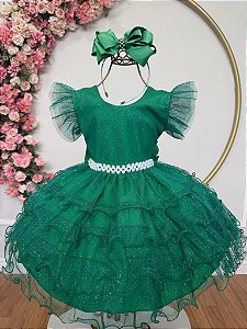 Vestido Infantil Verde Saia com Babados e Glitter Festas