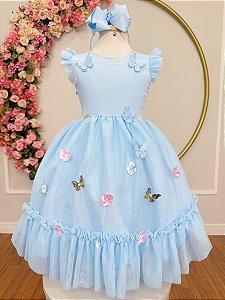 Vestido Infantil Azul Claro Jardim Encantado Apliques Festas