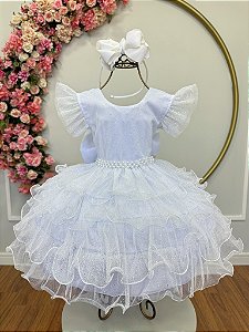 Vestido Infantil Branco Saia com Babados e Glitter Festas