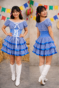 Vestido Adulto Junino Arraiá Caipira Xadrez Azul Festas