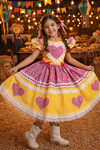 Vestido Infantil Junino Arraiá Amarelo Colorido Luxo Festas