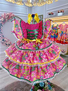 Vestido Infantil Junino Festa São João Caipira Pink Florido