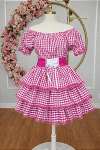 Vestido Adulto Junino Arraiá Festas Pink Xadrez