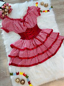 Fantasia Adulto Junino Arraiá Vermelho Xadrez Festas