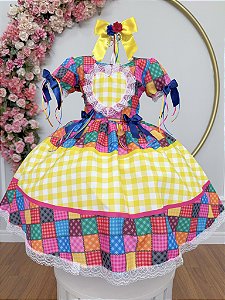 Vestido Infantil Junino Caipira Xadrez Colorido Coração Luxo