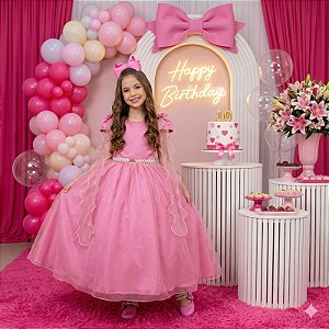Vestido Infantil Longo Diamante Rosa Chiclete