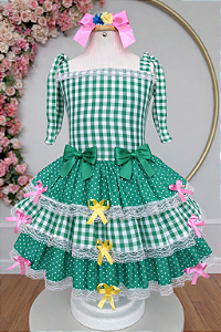 Vestido Infantil de Alça Junino Arraiá Festas Verde Xadrez