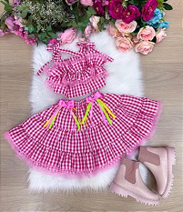 Conjunto Junino Infantil Luxo Charme do Arraiá Rosa