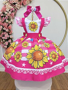 Vestido Infantil Junino Festas Pink Girassol Colorido