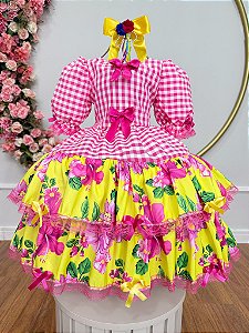 Vestido Infantil Junino Caipira Xadrez Rosa e Amarelo Florido