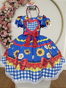 Vestido Infantil Junino Caipira Festas Azul Colorido Girassol