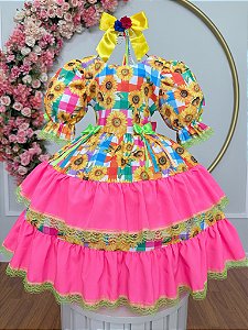 Vestido de Festa Junina Infantil Junino Quadrilha Pink Luxo