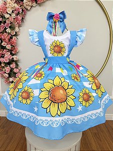 Vestido Infantil Junino Festas Azul Girassol Colorido