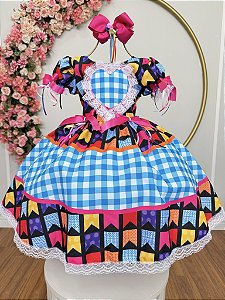 Vestido Infantil Junino Caipira Azul Xadrez Quadrilha Luxo
