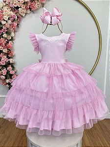 Vestido Infantil Rosa Claro Busto Strass Saia Babados Daminhas