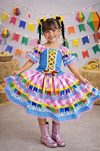 Vestido Infantil Junino Caipira Azul Saia Xadrez Colorido Festas
